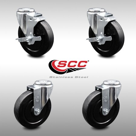 Service Caster 5 Inch SS Soft Rubber Wheel Swivel Bolt Hole Caster Set with 2 Brake SCC SCC-SSBH20S514-SRS-2-TLB-2